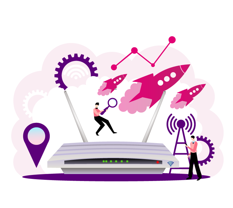 Illustration of a network featuring icons of a rocket, Wi-Fi antenna, and location markers, with animated characters actively engaging with fast home internet plans.